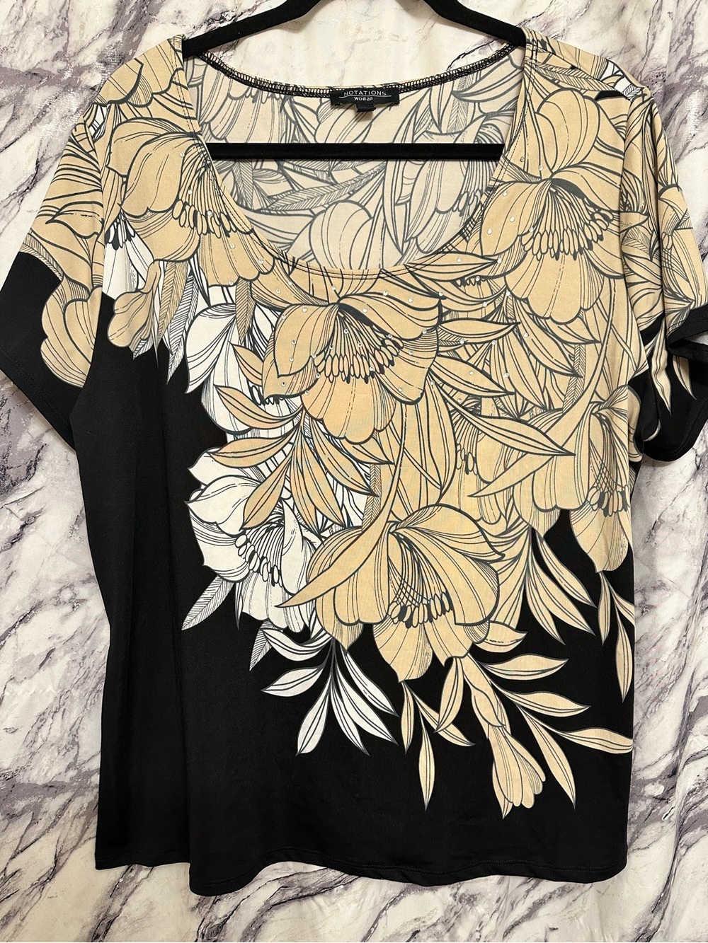 Notations - Black and Beige Floral Blouse - 2X